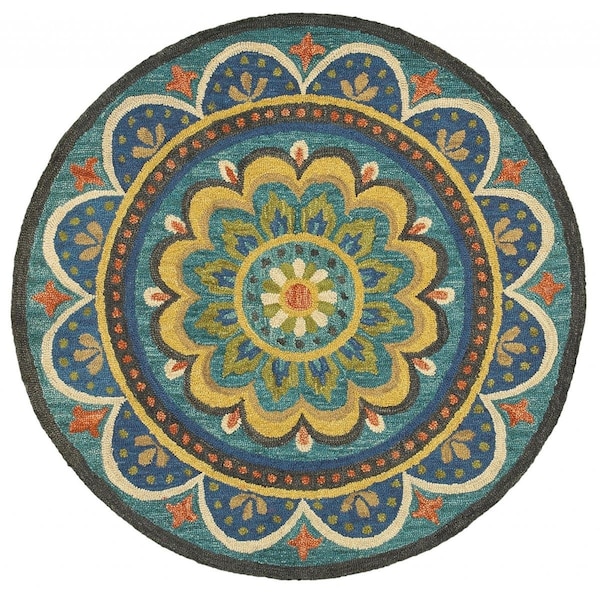 Homeroots 6 ft. Round Blue Floral Mandala Area Rug 393634 - main
